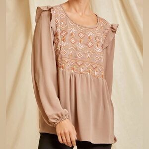 Savanna Jane Blouse Babydoll Ruffle Embroidered Top Women’s Medium Brown/Mocha